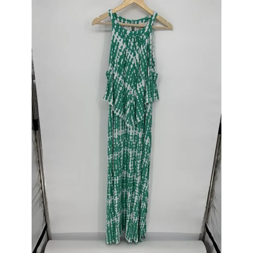 Chico’s Size XL Green White Abstract Tie Dye Halter Neck Layered Maxi Dress - Picture 2 of 9